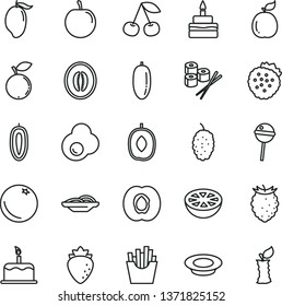 thin line vector icon set - cake vector, slices of onion, birthday, a plate milk, Chupa Chups, French fries, sushi set, fried egg, strawberries, orange, cherry, half apricot, raspberry, tasty, mango
