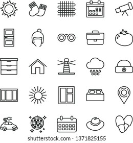 thin line vector icon set - calendar vector, briefcase, hat, storage unit, cloud, warm socks, winter, window, frame, interroom door, building block, home, tomato, weaving, electric car, lighthouse