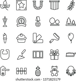 thin line vector icon set - bib vector, teddy bear, balloon, building trowel, window frame, new roller, color samples, door knob, ceramic tiles, muffin, cake slice, a pineapple, leaves, trees, gift