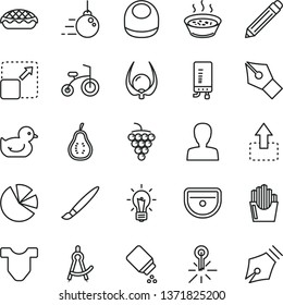 thin line vector icon set - tassel vector, graphite pencil, woman, baby powder, bib, Child T shirt, duckling, bicycle, big core, sink, electronic boiler, expand picture, move up, apple pie, physalis