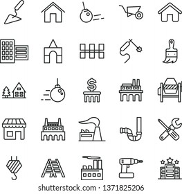 thin line vector icon set - box of bricks vector, house, hook, big core, building trolley, trowel, concrete mixer, small tools, cordless drill, wooden paint brush, ladder, siphon, city block, home