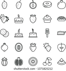 thin line vector icon set - cake vector, muffin, slice, torte, with a hole, apple pie, popsicle, biscuit, cherry, pomegranate, half, grape, branch of, tasty, strawberry, medlar, raspberry, mulberry