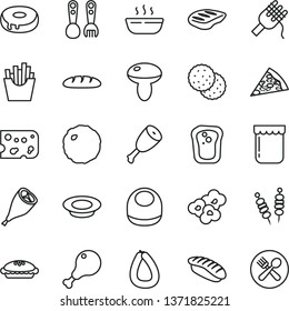 thin line vector icon set - baby bib vector, plastic fork spoons, stick of sausage, piece cheese, loaf, fried vegetables on sticks, pizza, spaghetti, mushroom, cake with a hole, pie, hot porridge