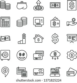 thin line vector icon set - calculation vector, strongbox, cards, coins, front of the bank card, denomination dollar, financial item, catch a coin, purse, engineer calculator, cash machine, report