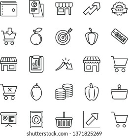 thin line vector icon set - grocery basket vector, purse, growth up, chart, cart, put in, crossed, kiosk, coins, blueberry, tamarillo, Bell pepper, ripe, oil, stall, shopping, a crisis, research