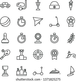 thin line vector icon set - stopwatch vector, bath ball, motor vehicle, Kick scooter, child, warm hat, timer, pedestal, flame torch, laurel branch, winner podium, cup, gold, pawn, pennant, star, aim