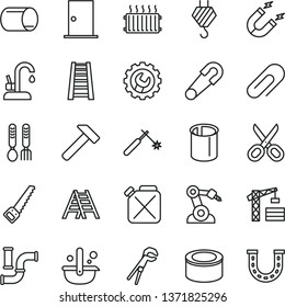 thin line vector icon set - scissors vector, clip, safety pin, iron fork spoons, tower crane, hook, adjustable wrench, arm saw, stepladder, ladder, ntrance door, gear, kitchen faucet, hammer, magnet