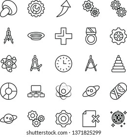 thin line vector icon set - plus vector, stacking toy, tumbler, cogwheel, gear, delete page, porcini, plate, gears, scribed compasses, Measuring, scheme, ring diagram, wall watch, atom, saturn, gold