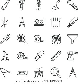 thin line vector icon set - graphite pencil vector, zoom, out, wind direction indicator, electronic thermometer e, mercury, drumroll, drum, building trowel, cordless drill, arm saw, measuring tape