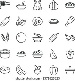 thin line vector icon set - deep plate with a spoon vector, plastic fork spoons, canned goods, fried vegetables on sticks, onion, noodles, pie, apple, bowl of buckwheat porridge, lettuce in, chicken