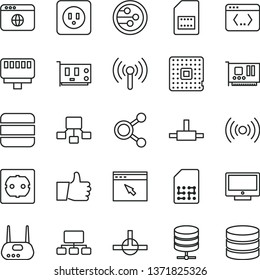 thin line vector icon set - power socket type b vector, f, thumb up, screen, big data server, processor, SIM card, connections, scheme, hierarchical, pc, router, network, browser, connect, coding