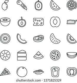 thin line vector icon set - stationery knife vector, piece of cheese, pizza, slices onion, cake, slice, bacon, orange, sandwich, melon, water, delicious plum, half peach, tangerine, cherry, kiwi