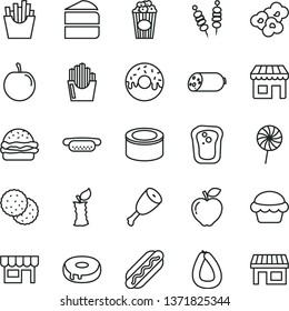 thin line vector icon set - kiosk vector, sausage, stick of, canned goods, fried vegetables on sticks, Hot Dog, mini, burger, cake, piece, with a hole, glazed, chicken thigh, lollipop, French fries