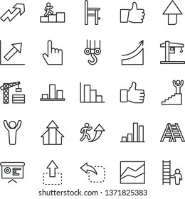 thin line vector icon set - upward direction vector, growth up, line chart, positive histogram, a chair for feeding, crane, tower, winch hook, ladder, index finger, thumb, move, left, bar, man arrow