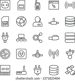 thin line vector icon set - power socket type b vector, f, big data, plug, electric, SIM card, connections, scheme, dispatcher, mobile phone, usb, router, network, browser, connect, lan connector