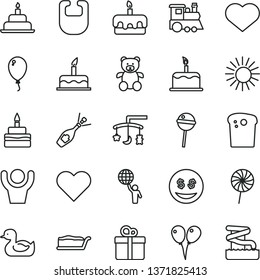 thin line vector icon set - heart symbol vector, toys over the cradle, bib, rubber duck, teddy bear, children's train, colored air balloons, balloon, cake, birthday, gift, Easter, slice, torte, sun
