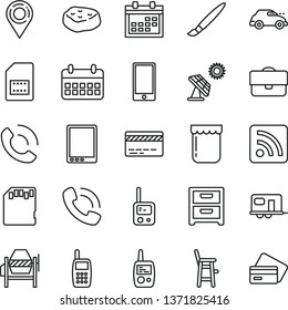 thin line vector icon set - tassel vector, calendar, bank card, rss feed, toy phone, mobile, a chair for feeding child, concrete mixer, smartphone, nightstand, call, piece of meat, jam, retro car