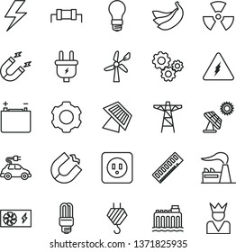 thin line vector icon set - lightning vector, hook, power socket type b, bananas, big solar panel, wind energy, factory, accumulator, light bulb, hydroelectricity, pole, plug, mercury, electric car