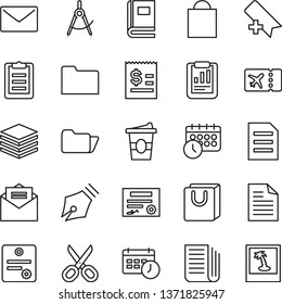 thin line vector icon set - scissors vector, add bookmark, paper bag, scribbled, envelope, received letter, pile, with handles, coffe to go, scribed compasses, statistical report, newspaper, folder