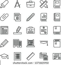 thin line vector icon set - briefcase vector, graphite pencil, yardstick, book, new abacus, e, portfolio, buildings, writing accessories, drawing, calculation, square academic hat, clip, graduate