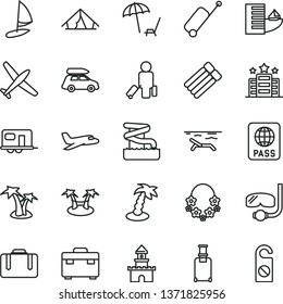 thin line vector icon set - suitcase vector, passport, sand castle, plane, car baggage, camper, passenger, rolling, case, hotel, tent, beach, arnchair under umbrella, palm tree, hawaii wreath