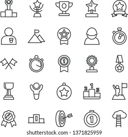 thin line vector icon set - pedestal vector, racer, stopwatch, winner, podium, prize, cup, gold, star, reward, man with medal, flag, mountain, purpose, first place, pennant, ribbon, cross flags