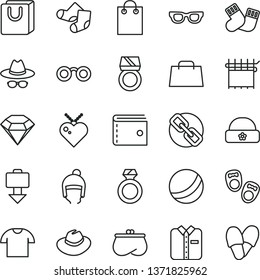 thin line vector icon set - purse vector, spectacles, hat, with glasses, bath ball, warm socks, Knitted, shoes for little children, winter, bag handles, T shirt, folded, cloth industry, hand, ring