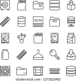 thin line vector icon set - folder vector, bookmark, chest of drawers, key, big data server, put in a box, strongbox, package, hanger, unpacking, barrel, jar, radiator fan, memory, hdd, usb, sd card