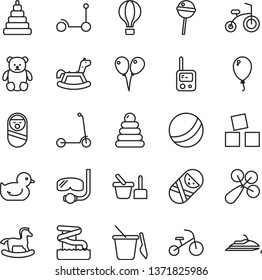 thin line vector icon set - baby rattle vector, duckling, bath ball, stacking rings, toy, roly poly doll, tumbler, phone, sand set, children's, small teddy bear, rocking horse, cubes for children