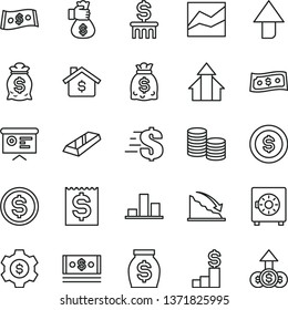 thin line vector icon set - upward direction vector, dollar, line chart, strongbox, coins, recession, financial item, money, dollars, cash, report, growth arrows, gold bar, bag hand, coin, mortgage