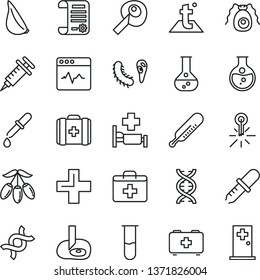 thin line vector icon set - first aid kit vector, plus, mercury thermometer, bag of a paramedic, medical, temperature, cardiogram, garlic, goji berry, round flask, research article, test tube, dna