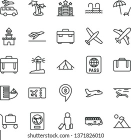 thin line vector icon set - suitcase vector, case, passport, coastal lighthouse, sand castle, dollar pin, plane, bus, passenger, ticket, departure, hotel, tent, beach, arnchair under umbrella, pool