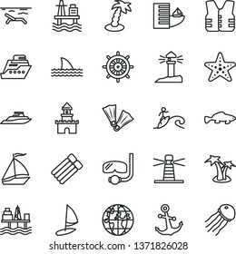 thin line vector icon set - anchor vector, small fish, sea port, commercial seaport, lighthouse, coastal, planet, sand castle, sail boat, hotel, beach, palm tree, starfish, flippers, diving mask