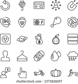 thin line vector icon set - woman vector, counterclockwise, rainy cloud, tumbler, hook, power socket type b, index finger, 24, hanger, chicken leg, strawberry, squash, half of guawa, pumpkin, drop