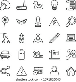 thin line vector icon set - warning vector, danger of electricity, desktop microphone, incandescent lamp, laptop, graphite pencil, baby rattle, sitting stroller, rubber duck, crane, measuring tape