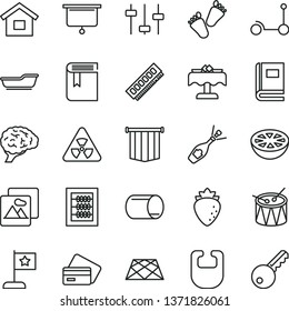 thin line vector icon set - book vector, new abacus, bib, bath, children's tracks, drum, Kick scooter, dwelling, pavement, picture, raspberry, half of grapefruit, pipe, memory, nuclear, brain, key
