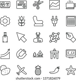 thin line vector icon set - line chart vector, Baby chair, coffee, mint, pineapple, red pepper, potato, electric plug, horseshoe magnet, coding, settings, cursor, oscilloscope, scientist, calculator