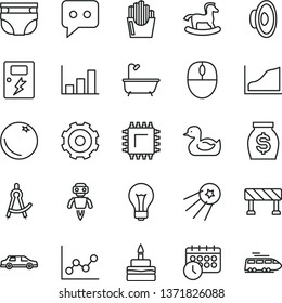 thin line vector icon set - truck lorry vector, matte light bulb, loudspeaker, graph, nappy, rubber duck, small rocking horse, bath, dangers, traffic signal, birthday cake, fried potato slices, smd