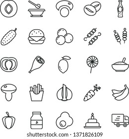 thin line vector icon set - plates and spoons vector, birthday cake, fried vegetables on sticks, big burger, mushroom, a bowl of rice porridge, grill chicken leg, meat skewers, cucumber, lollipop