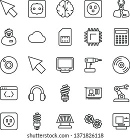 thin line vector icon set - camera vector, calculator, gears, cordless drill, saving light bulb, power socket type b, f, CD, energy, smd, assembly robot, SIM card, pc, monitor, headphones, coding