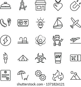 thin line vector icon set - atom vector, bulb, gears, bactery, biohazard, oscilloscope, magnet, flame, drawing compass, robot, patente, torch, electricity, plane, sail boat, ticket, departure, tent