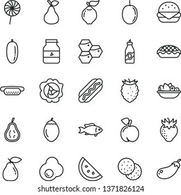 thin line vector icon set - Hot Dog vector, mini, big burger, apple pie, a plate of fruit, lollipop, fish, fried egg, jar jam, pear, orange slice, biscuit, honeycombs, liquor, peach, squash, quince