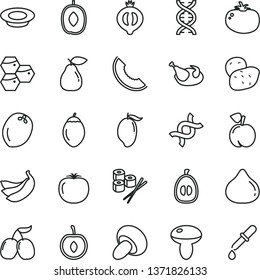 thin line vector icon set - mushroom vector, porcini, a plate of milk, chicken, tomato, sushi set, honeycombs, peach, pear, fig, half medlar, tasty cornels, slice melon, mango, delicious plum, dna