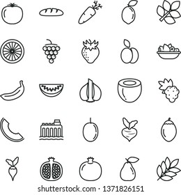 thin line vector icon set - loaf vector, a plate of fruit, carrot, apple, pomegranate, half, grape, large, pear, strawberry, slice melon, water, passion, banana, tamarillo, sour lime, orange, garlic
