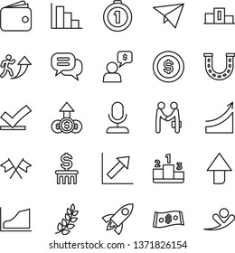 thin line vector icon set - upward direction vector, growth chart, positive histogram, pedestal, wallet, dollar, graph, laurel branch, man arrow up, first place medal, cross flags, vote check, coin