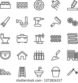 thin line vector icon set - house vector, brickwork, brick wall, gears, building trowel, drill, hand saw, bucket, new roller, stepladder, suitcase, washbasin, sink, comfortable toilet, sewerage