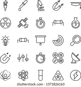 thin line vector icon set - math actions vector, round flask, radiation hazard, magnet, test tube, microscope, atom, nuclear, zoom, bulb, settings, satellite, pipette, graduate hat, radar, antenna