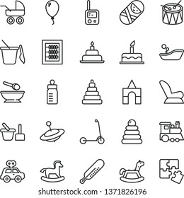 thin line vector icon set - new abacus vector, feeding bottle, car child seat, baby carriage, mercury thermometer, children's bathroom, stacking rings, toy, motor vehicle present, tumbler, phone