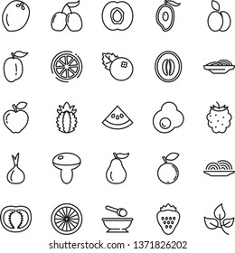 thin line vector icon set - deep plate with a spoon vector, onion, slices of, mushroom, fried egg, blueberries, strawberry, apple, half apricot, red, blackberry, blueberry, tasty cornels, mango