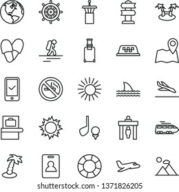 thin line vector icon set - earth vector, plane, train, taxi, backpacker, airport tower, identity card, security gate, rolling suitcase, baggage scanner, phone registration, arrival, sun, palm tree